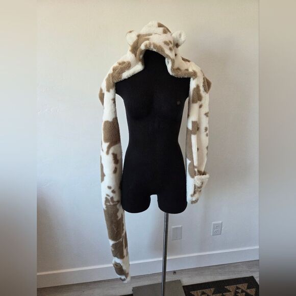 Ultra Soft Cow Print Hat Scarf Mitten Attached Furry Hood Ears Puppy Snow Bunny - Picture 6 of 8